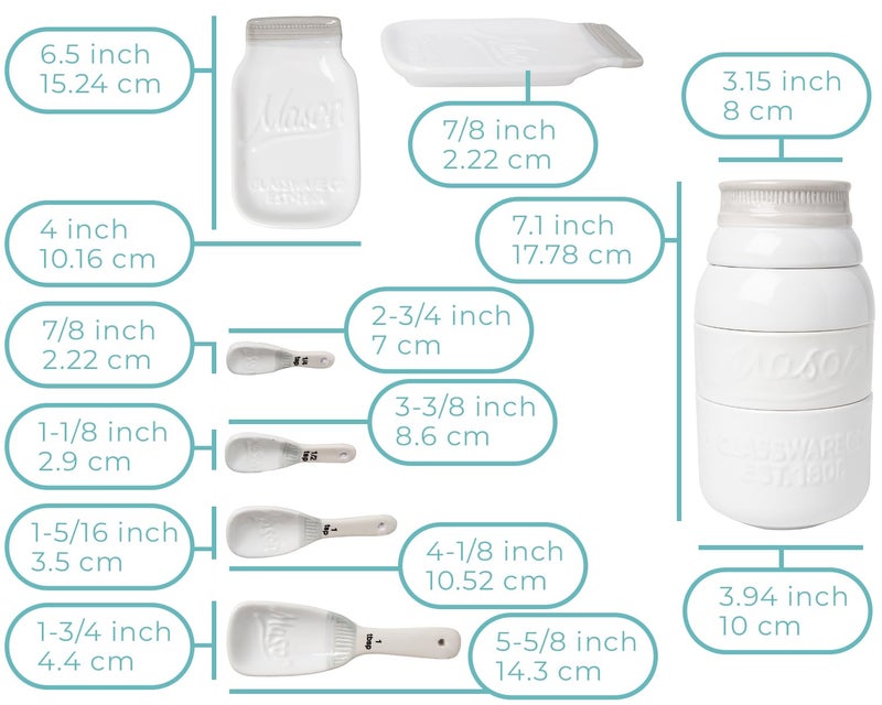 Comfify Mason Jar Kitchenware â€“ White Ceramic Decor with 4 Measuring Cups, 4 Measuring Spoons, and Spoon Rest â€“ Vintage Style - Image 3
